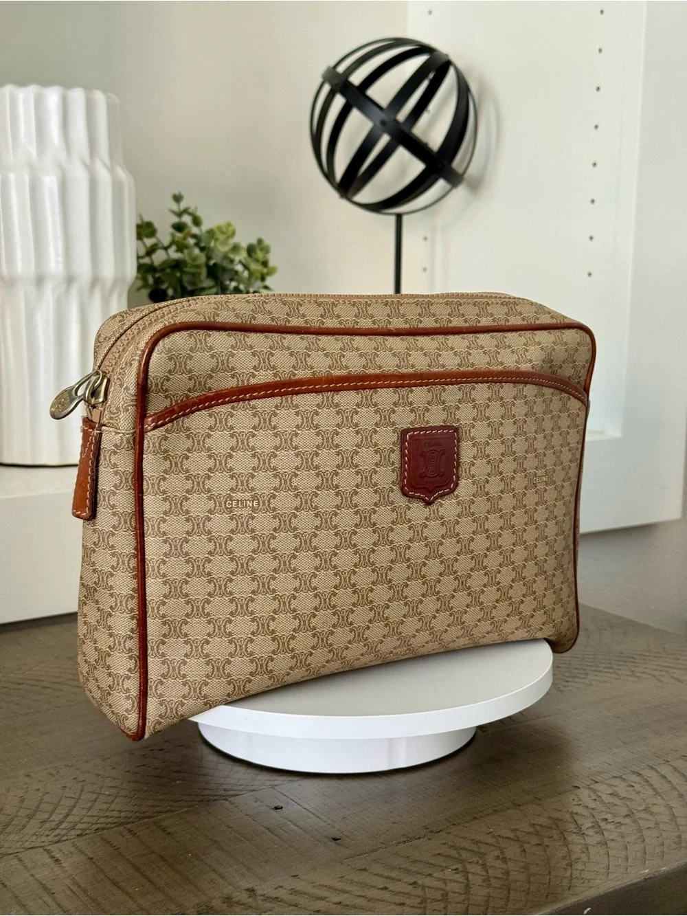 Celine Macadam Monogram Travel Pouch Cosmetic Case Clutch Beige Brown-Vintage